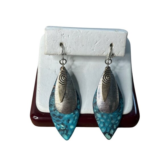 Turquoise & Silver-Tone Dangle Earrings With Abstract Leaf Design - Picture 1 of 7